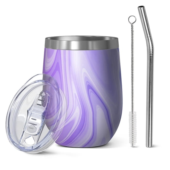 12oz Insulated Wine Tumbler with Lid & Straw, Stainless Steel Egg Shape Cup, Liquid & Marble Print