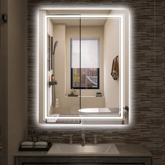 Sumerain 28 x 36 Inch LED Bathroom Mirror with Lights, Smart Anti-Fog Dimmable Bathroom Vanity Mirror with Front Light and Backlit, 3 Color Temperatures, Memory Function