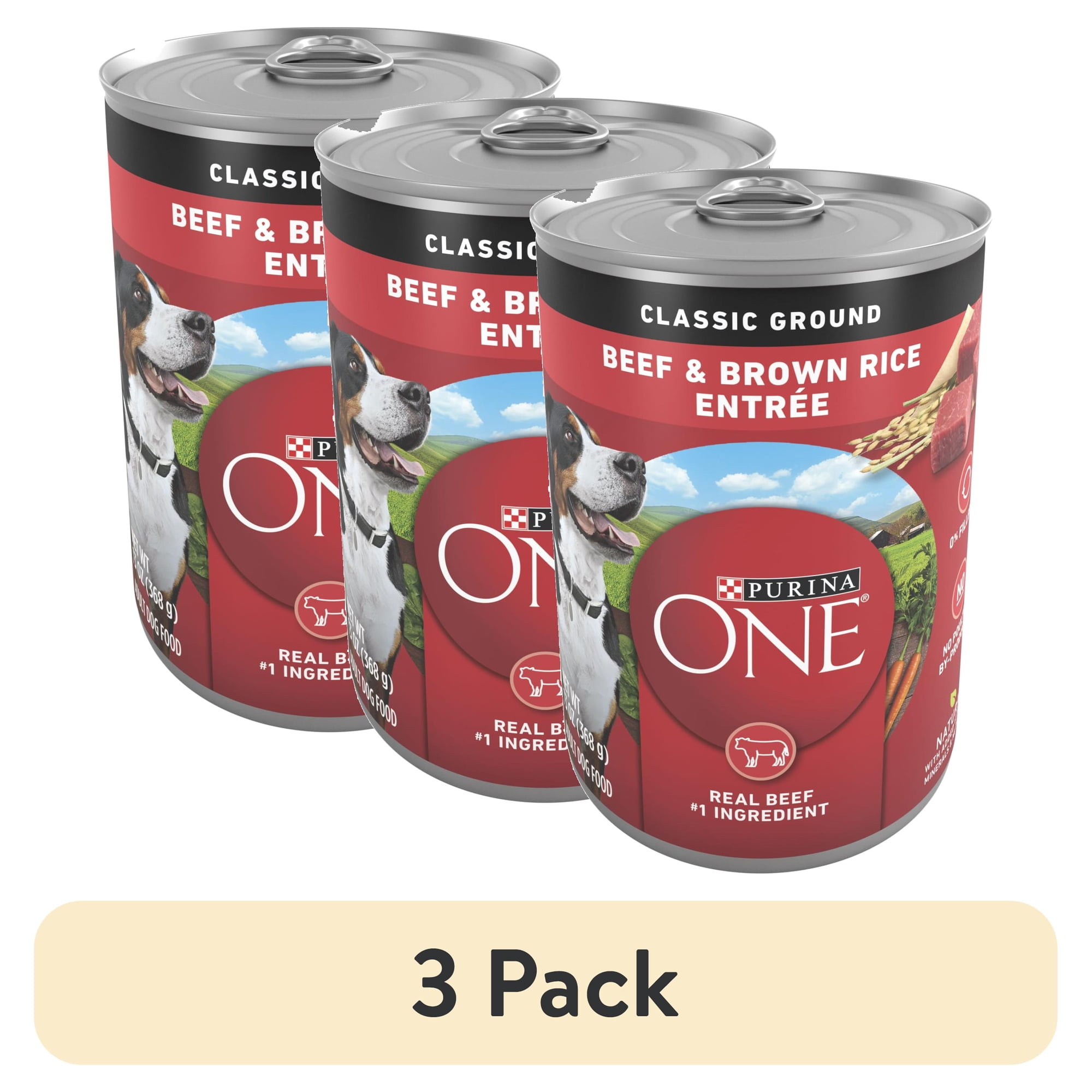 (3 pack) Purina ONE Natural Wet Dog Food, High Protein Soft Beef & Brown Rice Barley, 13 oz Can, 12 Pack