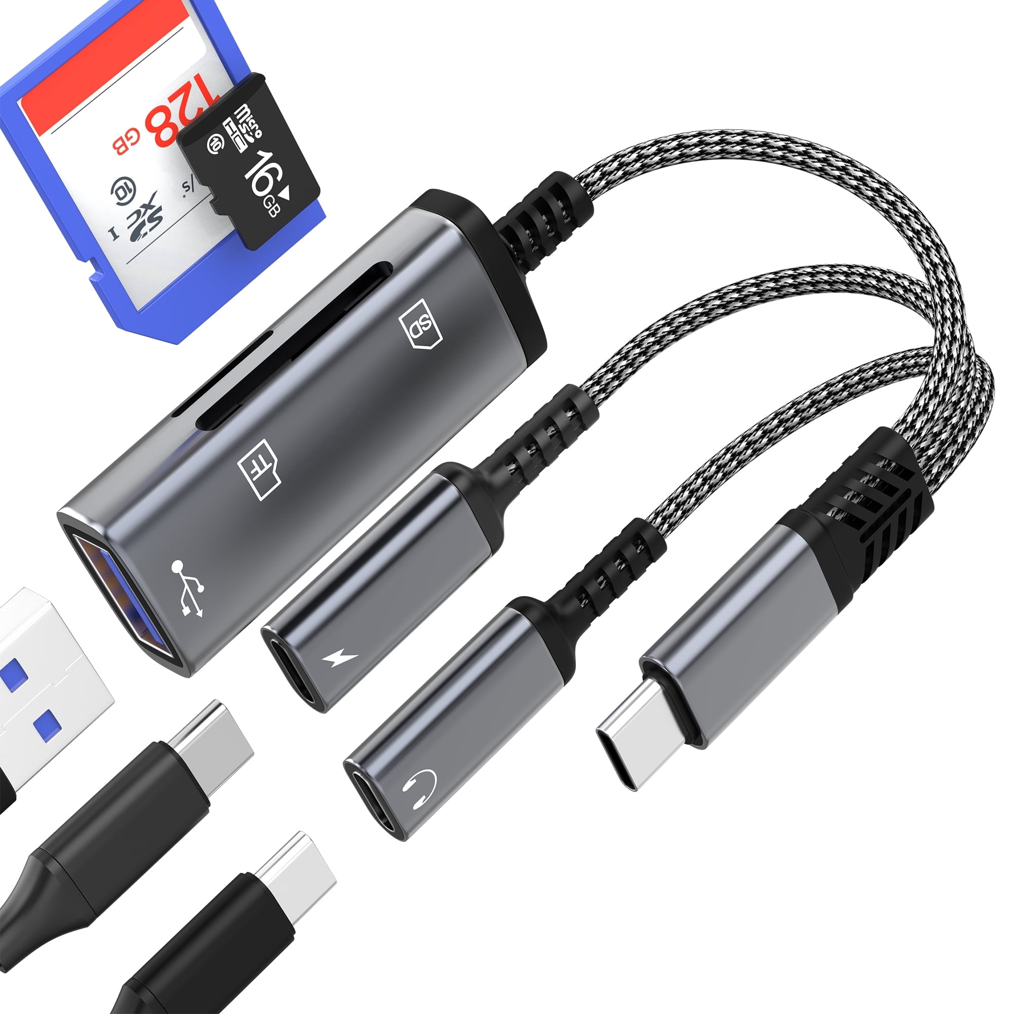 SD Card Reader USB C Adapter Headphone Micro SD USB Splitter for iPhone 17 16 15 Pro Max for iPad for Apple Compatible with Samsung Galaxy S26 S25 S24 Ultra Jack Digital Camera Accessories Dual Cable