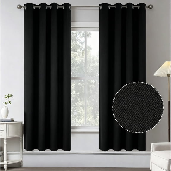 Fchozu Linen Textured 100% Blackout Curtains, Charcoal Dark Grey Thermal Room Darkening Drapes for Living Room Bedroom, 2 Panels