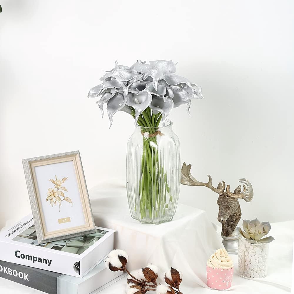 Silver Calla Lily Artificial Flowers, Silver Flowers for DIY Wedding Bouquets Centerpieces Bridal Shower Party Home Flower Arrangement Decorations (Silver)