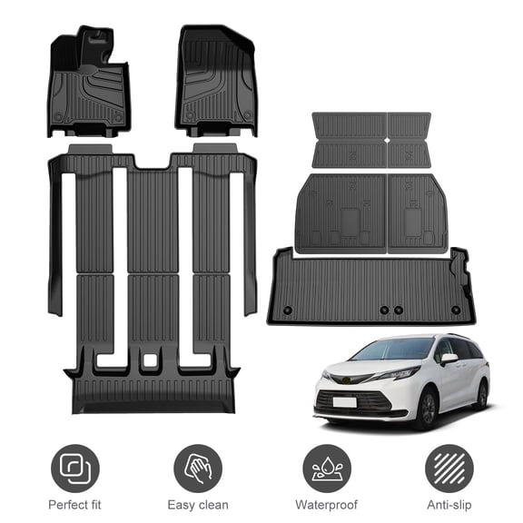 Fit for 2021-2024 Toyota Sienna 7 Seat (Only for 7 Seat without Spare Tire) Floor Mats & Trunk Mats & Backrest Mat All-Weather TPE Custom Fit Car Accessories for Toyota Sienna