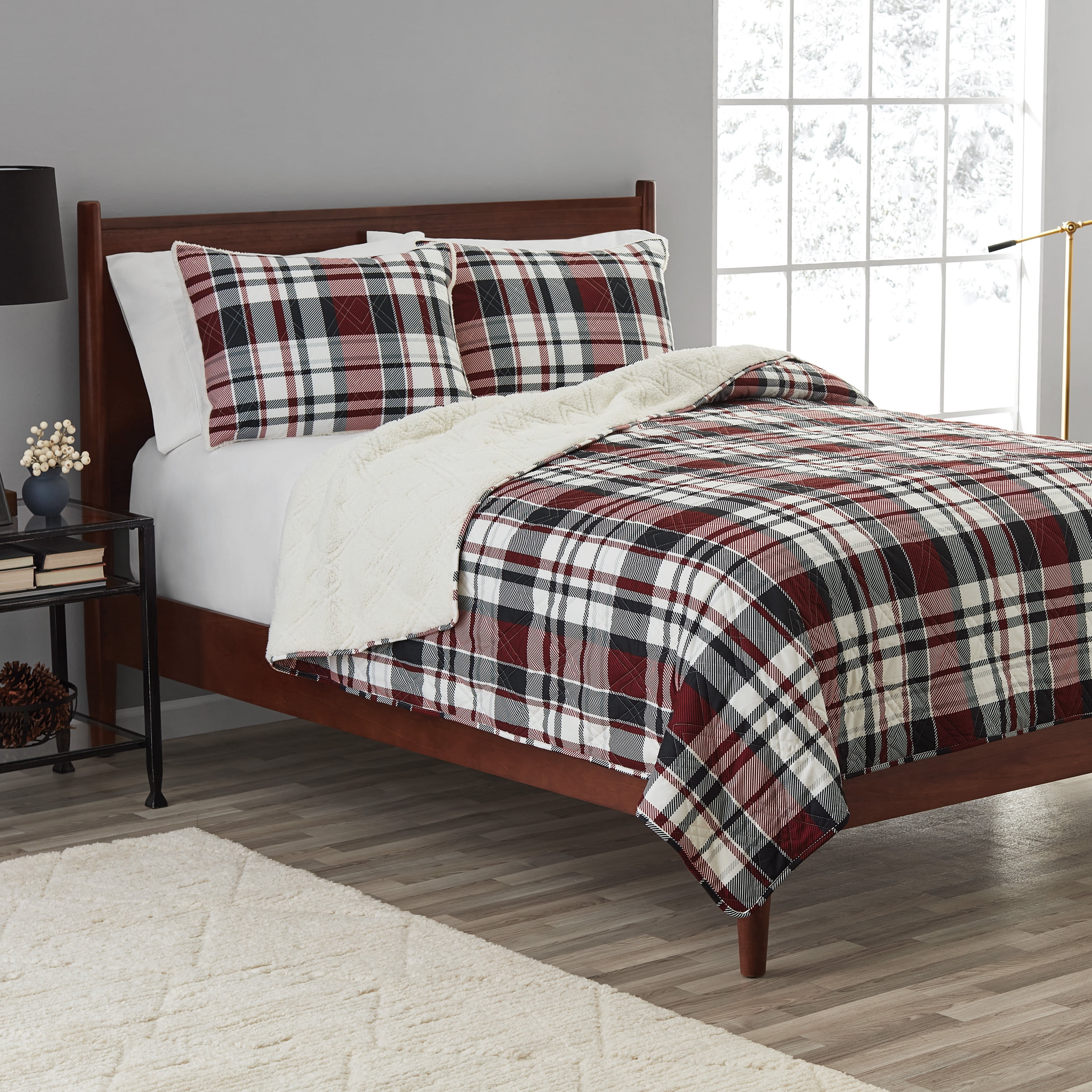 Mainstays 3-Piece Reversible Adult Quilt Set, Red Plaid, King