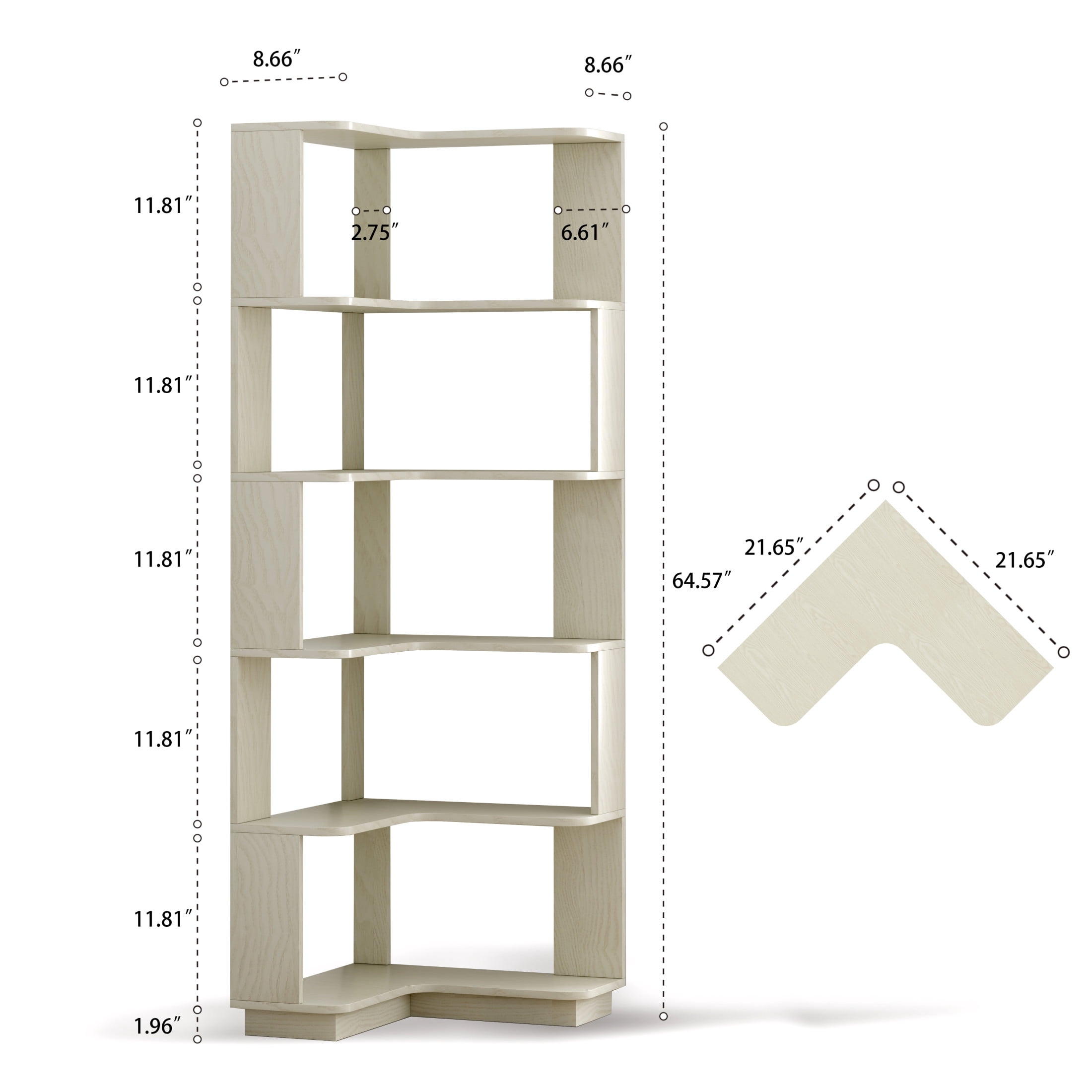 Noble House Vayen 65" L-Shaped Corner Bookshelf, 6-Tier Anti-Drop Wooden Bookcase, Open Storage Rack, White Oak