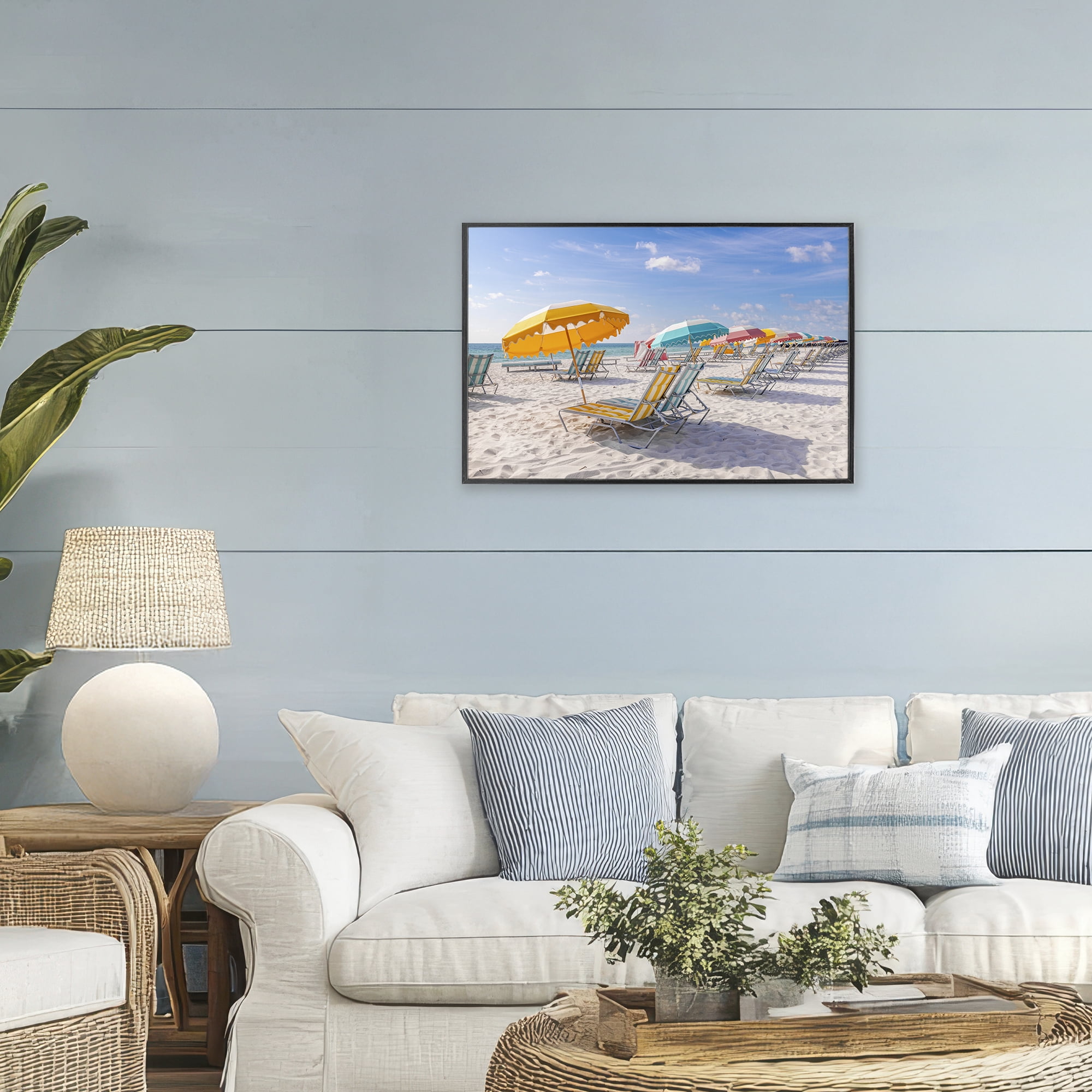 Stupell Industries Striped Umbrellas on Sunny Beach Black Framed Giclee Art, design by Richard Silver