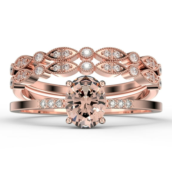 Beautiful Unique Art Deco 2.50 Carat Oval Cut Morganite And Diamond Moissanite Engagement Ring, Classic Wedding Ring, Two Matching Band in 925 Sterling Silver With 18k Rose Gold Plating Gift For Her