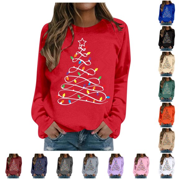 Women Christmas Light Tree Graphic Crewneck Sweatshirt Holiday Pullover