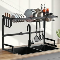 Kibhous Over Sink Dish Drying Rack - Large Dish Drainer Adjustable Drying Rack (26.5" to 33.5" W), Large Capacity Stainless Steel Dish Rack, Multifunctional Kitchen Organizers and Storage Rack, Black