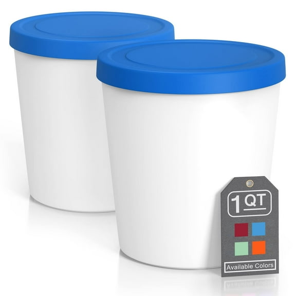 Premium Ice Cream Containers (2 Pack - 1 Quart Each) Perfect Freezer Storage Tubs Container with Silicone Lids for Ice Cream, Sorbet and Gelato - Blue