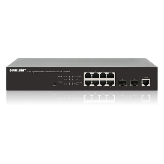 Intellinet 8-Port Gigabit Ethernet 140W PoE  Web-Managed Switch with 2 SFP Ports | PoE Self-Healing PD Alive | SNMP, VLAN, IGMP Snooping | Desktop, 19" Rackmount