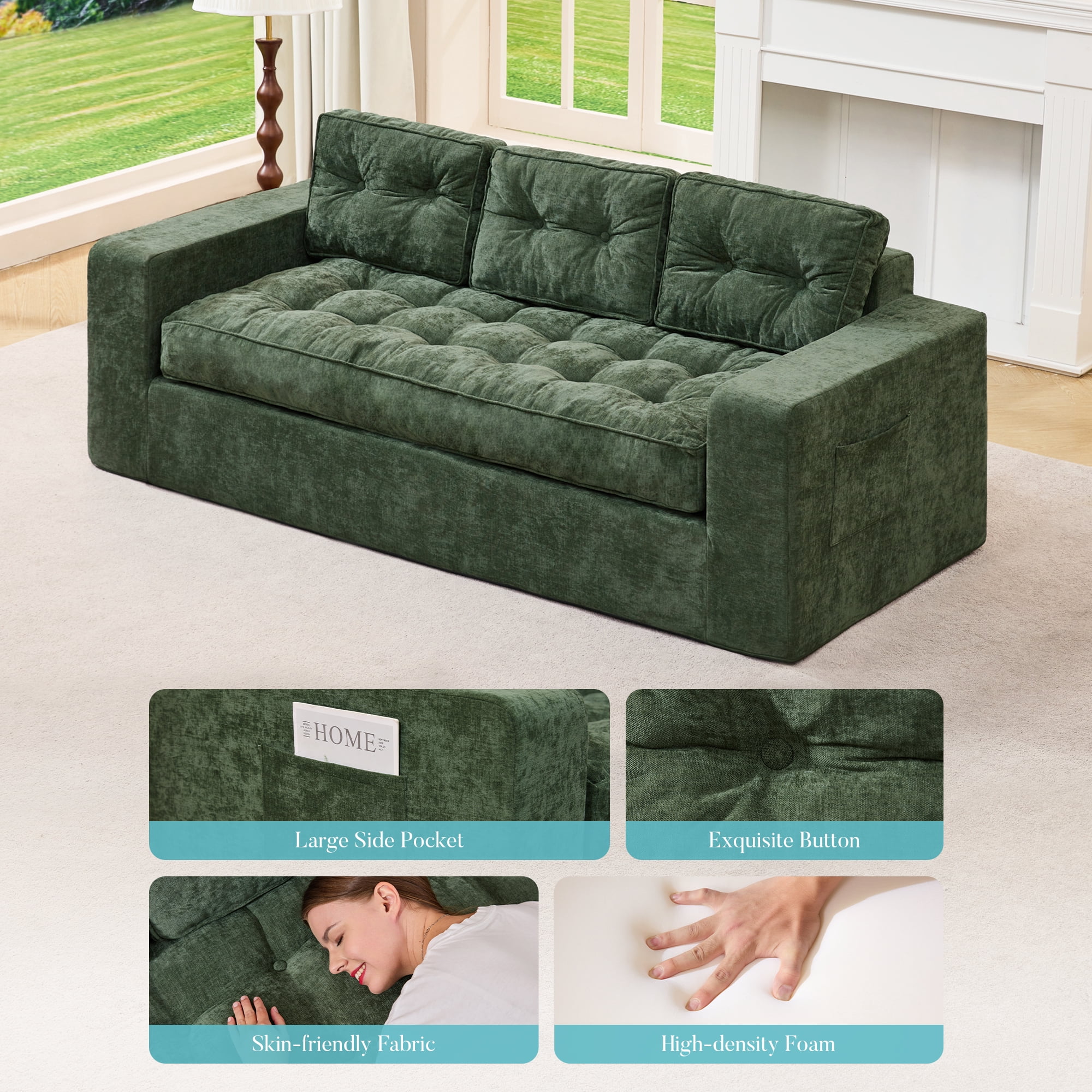 Hobestluk 3-Seater Sofa Boneless Couch with Tufted Button Design 2 in 1 Comfy Cloud Couch Oversized Sofa for Living Room Bedroom Apartment or Office (Green, 3 Seater)