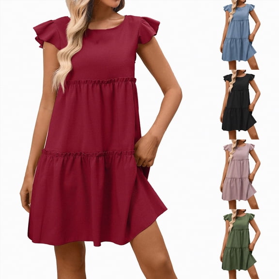 vigerkar Women's Summer Dresses Sleeveless Ruffle Sleeve Round Neck Solid Loose Short Flowy Pleated Mini Dress (Blue, S)