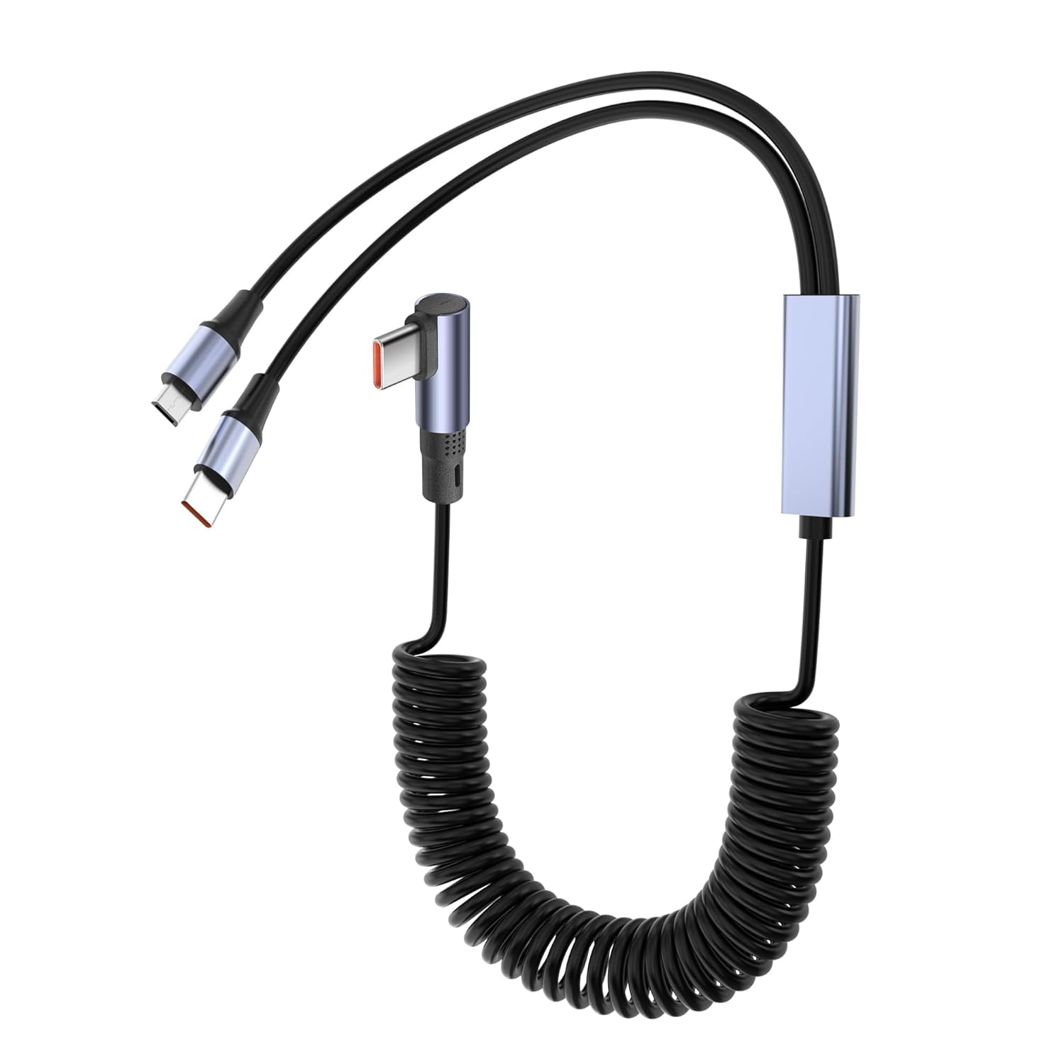 HRTGFD-2 in 1 Coiled USB C Cable, 90 Degree Right Angle Type C Fast Charging Cable, 2-Port USB C Splitter Charger Cord for Simultaneous Charging Android Phones, Tablets, and More (Micro+Type C)