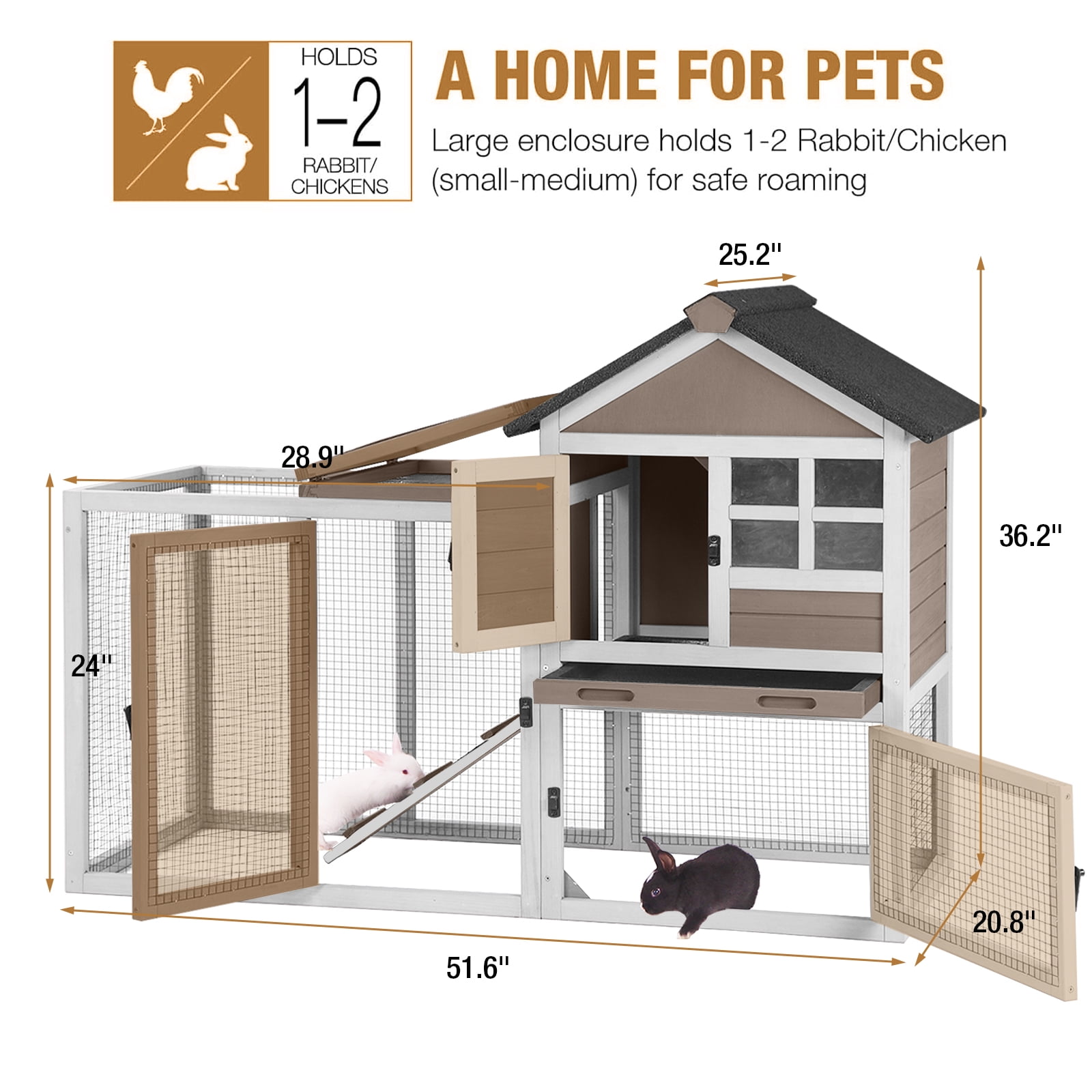 MEDEHOORabbit Hutch Chicken Coop Expandable Indoor Bunny Cage Outdoor Guinea Pig Cage with Run 51.6" L