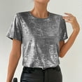 thumbnail image 6 of Womens Short Sleeve Dressy Tops Summer Trendy Casual Shiny Velvet T Shirt Crew Neck Casual Tunic Tees (S, Dark Gray), 6 of 8
