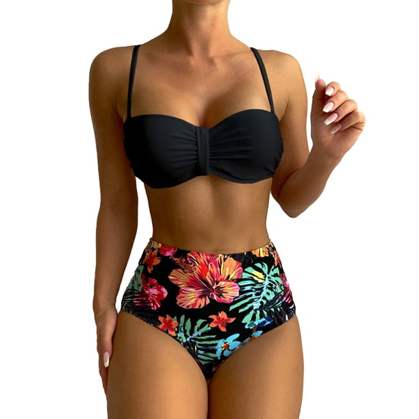 MKLEKYY Trajes De Baño Completo Mujer Womens Bikini Sets High Waisted Two Piece Swimsuits Floral Print Swimwear Swimsuits