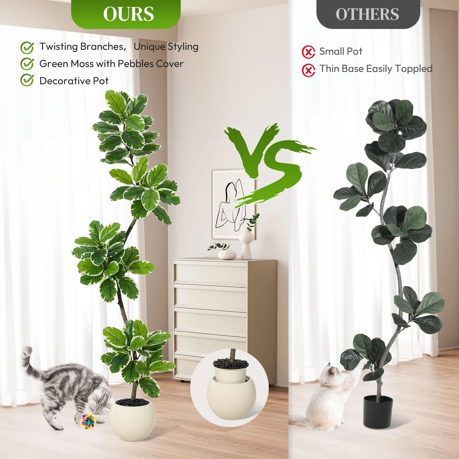 Litake Fiddle Leaf Fig Tree Artificial Indoor, 6 ft Tall Faux Rubber Tree with Sphere Planter, Tall Artificial Plants with Moss for Home Decor Office Living Room