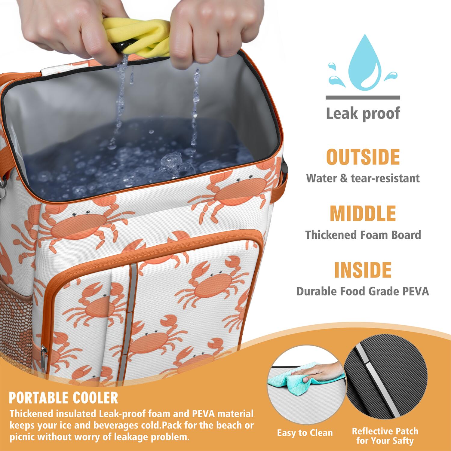 Camping Cooler Backpack 26 Cans,Cooler Bag Insulated Leak Proof Travel Cooler Bag Waterproof Lunch Picnic Beach Work Trip Thermal Bag Drink Beverage Beer Bag Cooler Marine Adorable Crab
