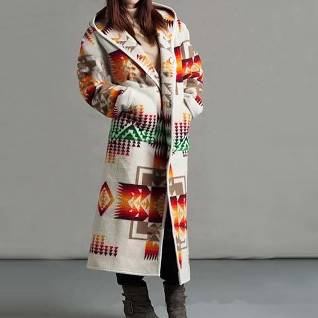 Abrigo de talla grande para mujer Patrón de estilo étnico Manga larga Bolsillos con botones Cárdigan cortavientos con capucha Fridja po190