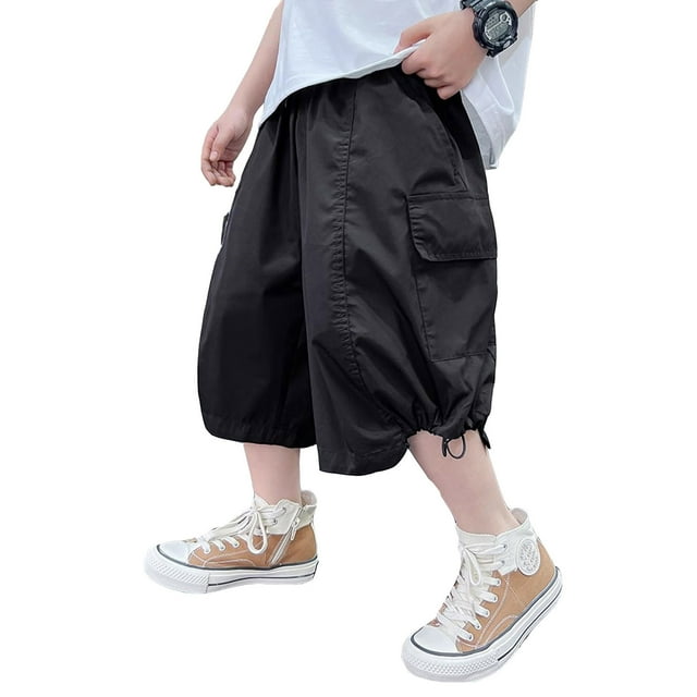 MIASHUI Shorts Cargo pour Garçons Shorts Décontractés de Plage pour Enfants Extérieur à Enfiler Jogger,Noir,11-12 Ans
