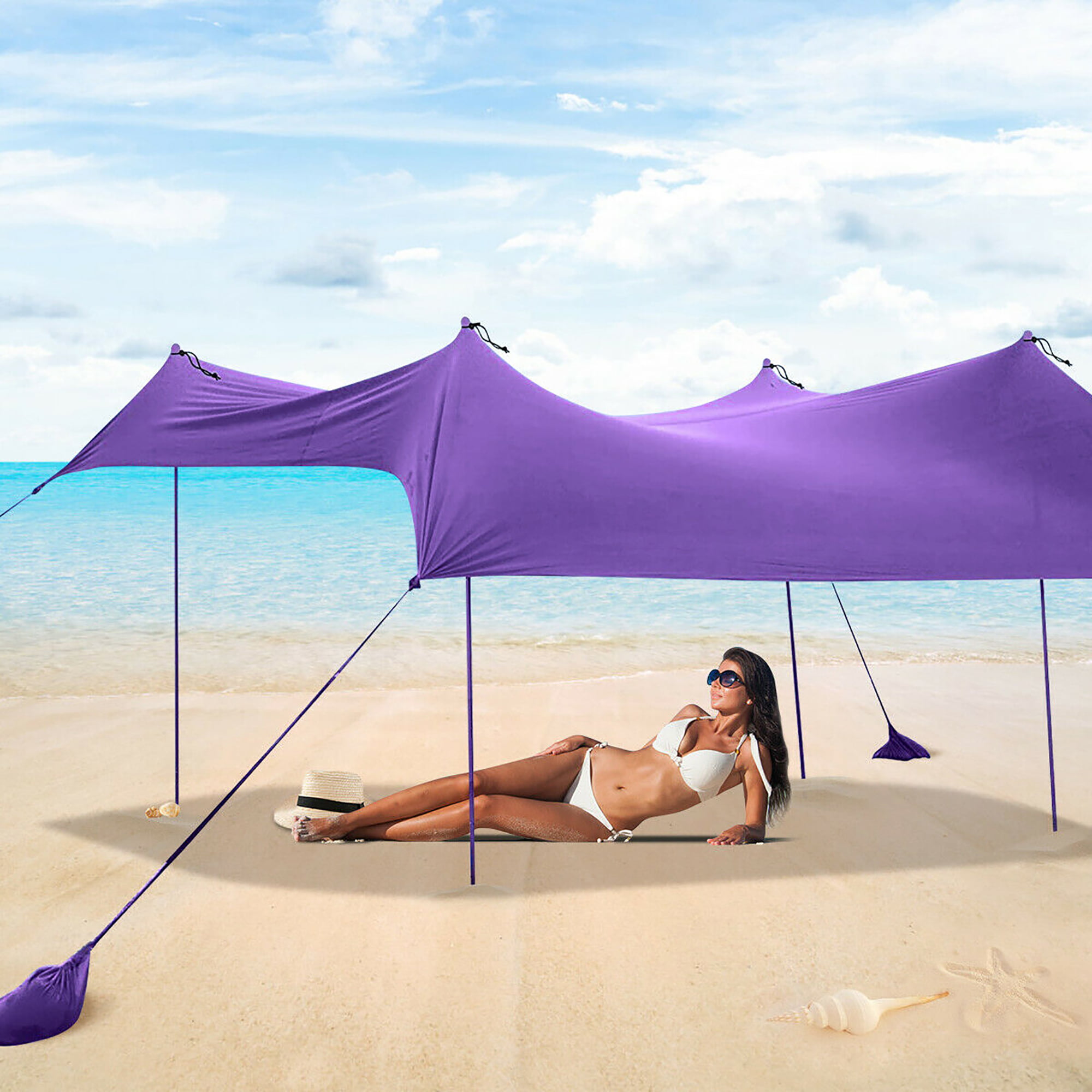 Costway Family Beach Tent Canopy w/ 4 Poles Sandbag Anchors 7'x7 