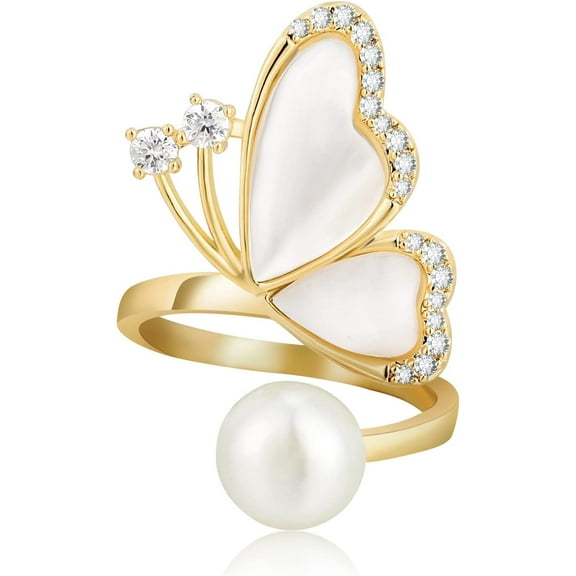 18k Gold Plated Cubic Zirconia Pearl Ring, Adjustable Ring, Butterfly Ring, Mom Gift