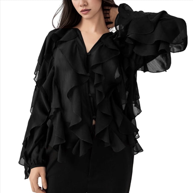 Blusa Informal Elegante para Mujer, de Larga, con Cuello en V y Volantes, Ideal para Oficina y Trabajo. Negro M