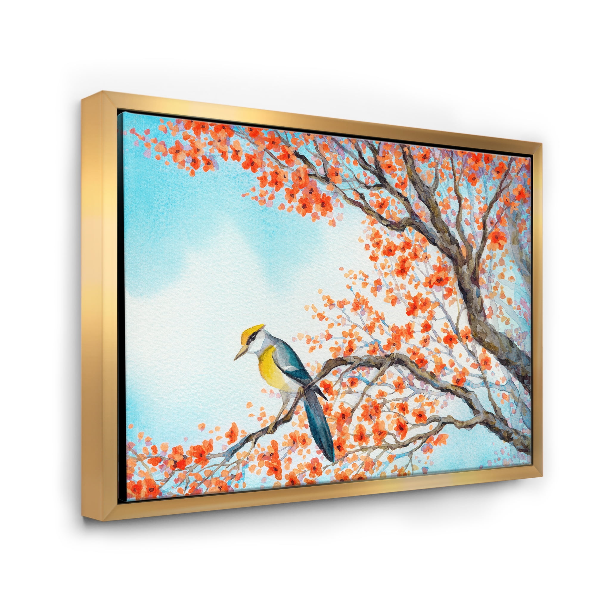 Designart 'Beautiful Orange Bird Sitting On Flowering Branch' Traditional Framed Canvas Wall Art Print