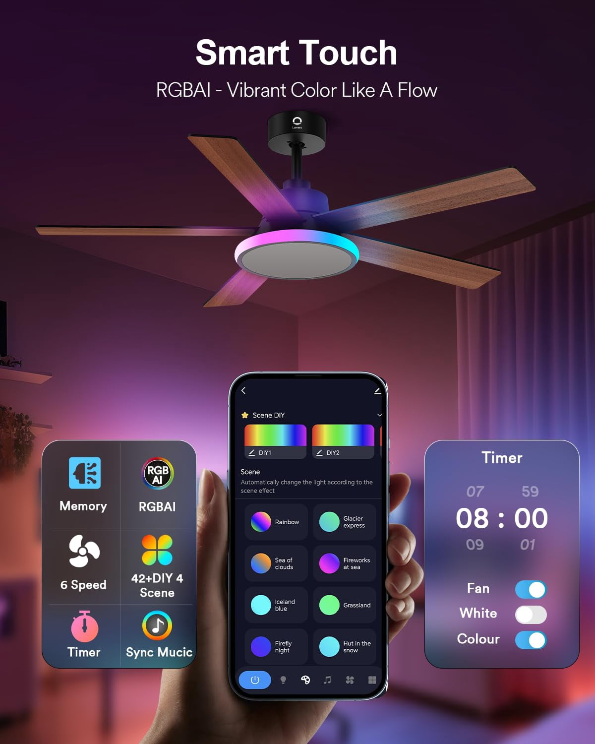Lumary 52 Inch Smart Ceiling Fan with RGBAI Lights Remote Low Profile Ceiling Fan App Voice Control Dimmable & Color Tuning Modern Flush Mount