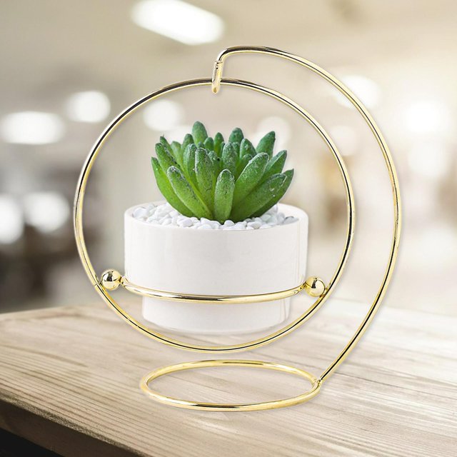 Macetas suculentas modernas con soporte de hierro, decoración interior de maceta de cactus pequeña, maceta decorativa moderna para macetas de flores F blanco DYNWAVEMX Macetas de cerámica