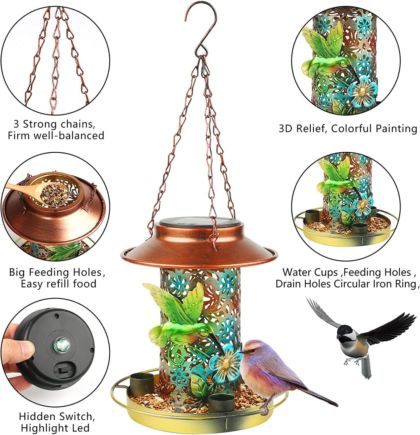 COSTYLE Solar Bird Feeder for Outdoors Hunging, Metal Waterproof Outside Wild Bird Feeders, Gifts for Bird Lovers