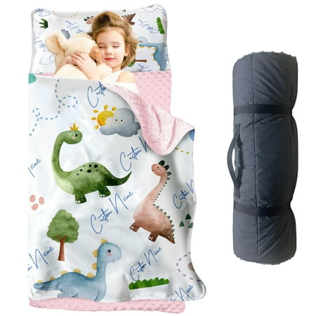 Personalized Toddler Nap Mat with Name – Dinosaur Theme Roll-Up Sleeping Mat for Preschool Daycare Removable Pillow Soft Minky Blanket Custom Kids Nap Mat for Girls Ideal for Travel or Camping