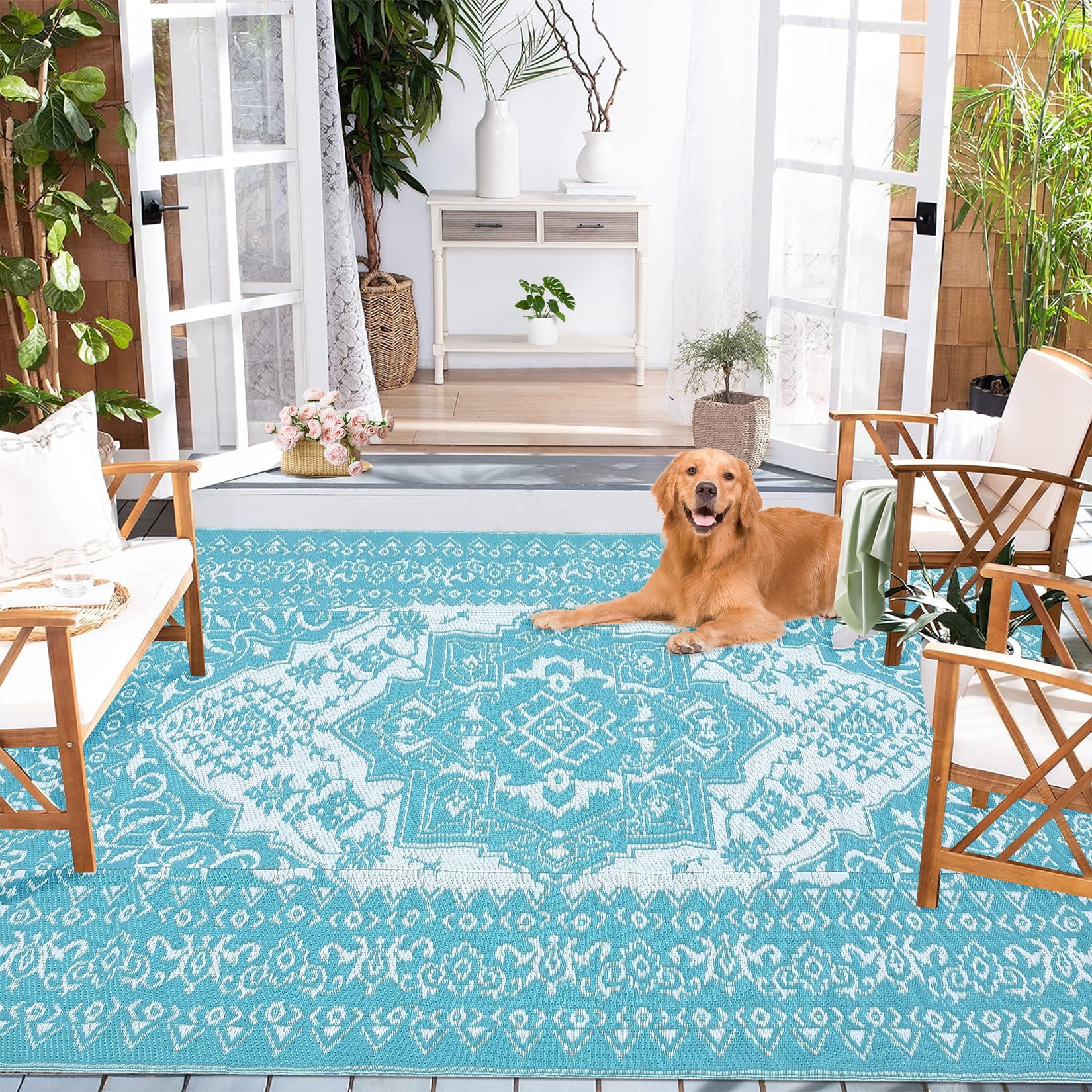 Senfot 8x10 Waterproof Reversible Plastic Straw Indoor Outdoor Area Rug for Patio RV Camping Balcony Deck Backyard Light Blue and White