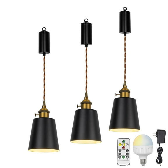 KAYYELAMP 3-Pack Remote Dimmable Rechargeable Battery 3.2Ft Adjustable Height Pendant Light Black Barrel Metal Lampshade Copper Base Vintage Design for Home Kitchen Bedroom