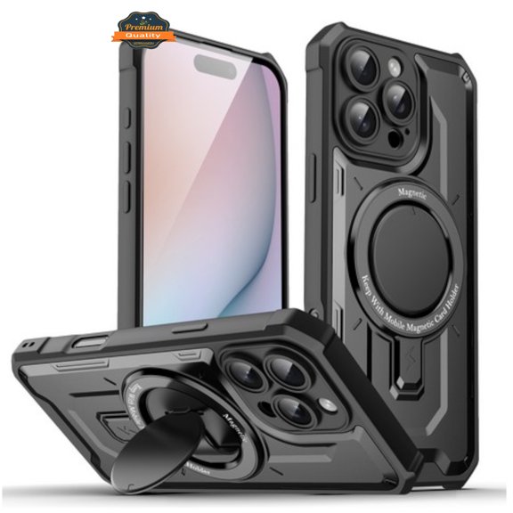 For Apple iPhone 16 Pro (6.3") Hybrid Tuff Case with Folding Stand Magnetic Holder Compatible with MagSafe [Military Shockproof] Phone Case Cover by Xpression - Black