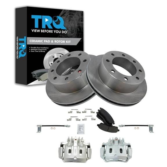 TRQ Rear Brake Pad & Rotor Kit Brake Caliper Brake Hose Brake Pads Brake Rotor Ceramic Fits Select 2000-2005 Ford Excursion 2001 F-250 Super Duty 2000-2001 F-350 Super Duty