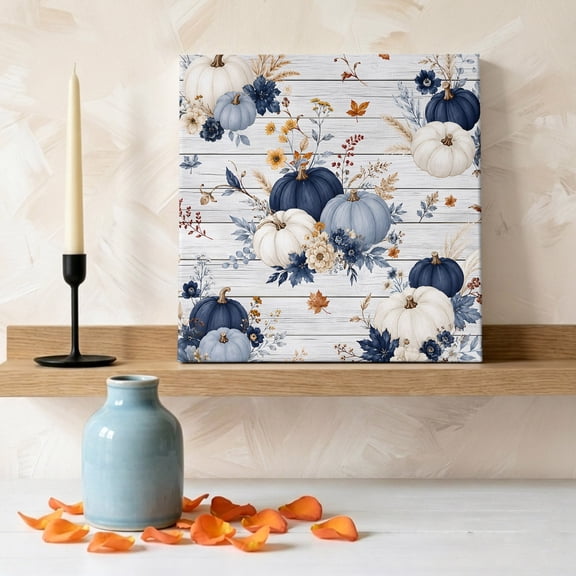 Thanksgiving Pumpkin Wood Grain Canvas Wall Art, Framed Wall Art Waterproof Canvas Prints Paintings 8"x8", Fall Farm Flower Leaves Oil Painting for Bedroom Living Room Bathroom Home Decor