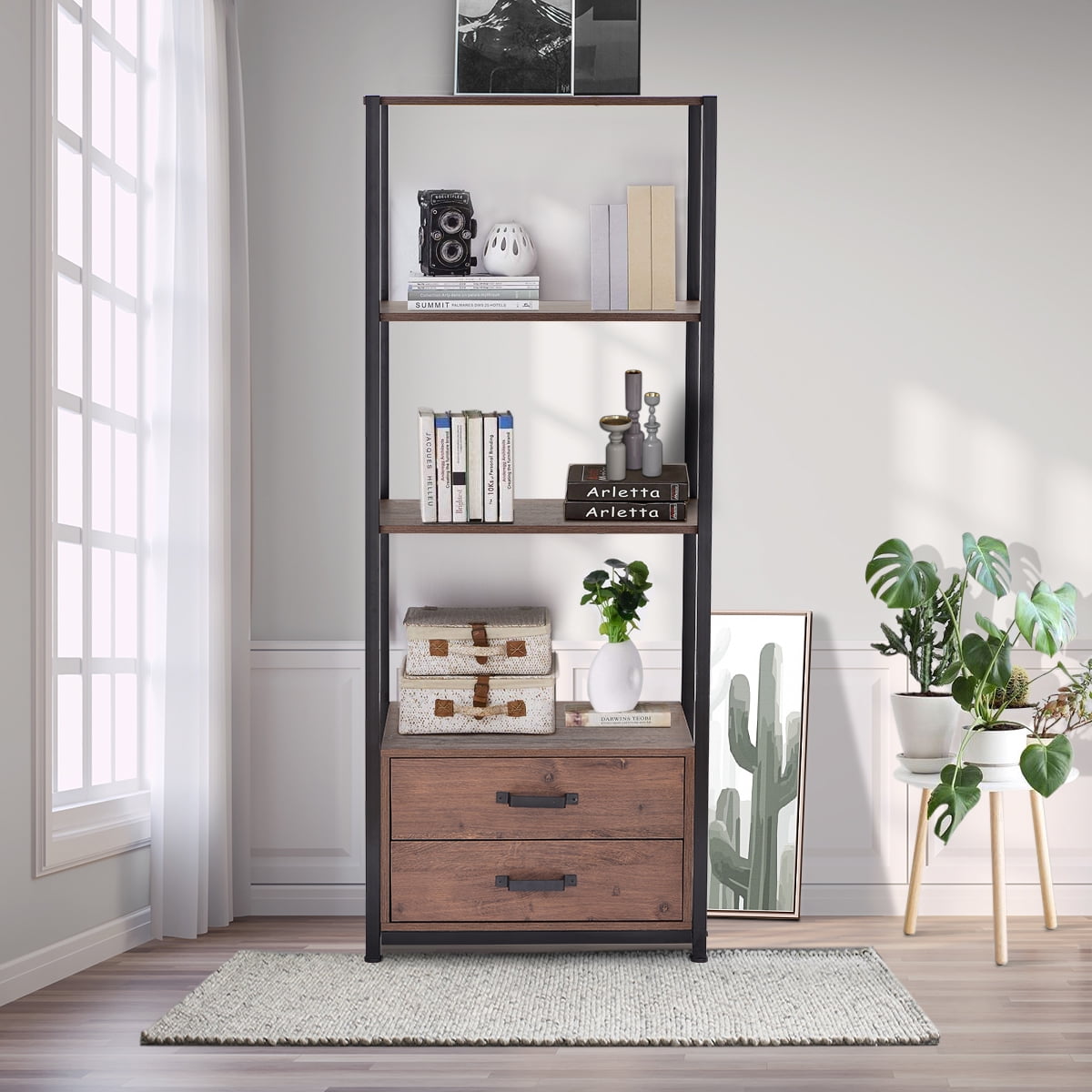 Kepooman 4-Tier Rustic Standing Bookshelf with 4 Open Storage Shelves & 2 Drawers, 23.6"L x 15.7"W x 59.8"H, Brown Kepooman 4-Tier Rustic Standing Bookshelf with 4 Open Storage Shelves & 2 Drawers, 23.6"L x 15.7"W x 59.8"H, Brown