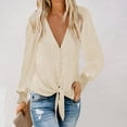 thumbnail image 2 of HAPIMO Discount Women's Autumn/Winter New Shirt Lace Patchwork Long Sleeve Button V-neck Solid Color Knot Hem Lace-up Loose Top Teen Grils Fashion Clothes Beige M, 2 of 6