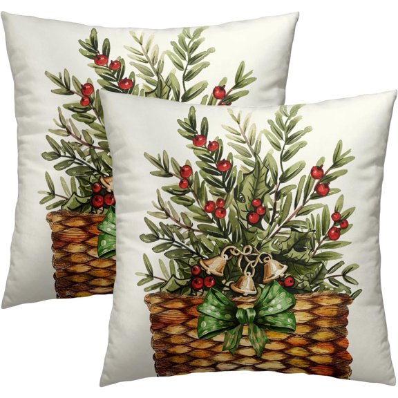 Christmas Throw Pillow Covers 18x18 Inch Set of 2 - Red Berry Stems Pine Branches Basket Farmhouse Decorative Pillowcase Cushion Cover for Bedroom Couch Sofa Home Porch Decor