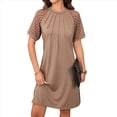 thumbnail image 1 of Vestido Camisero de Verano para Mujer, de Corta con Encaje, Informal, Cuello Redondo, Plisado, Color Caqui, Talla L, 1 of 9