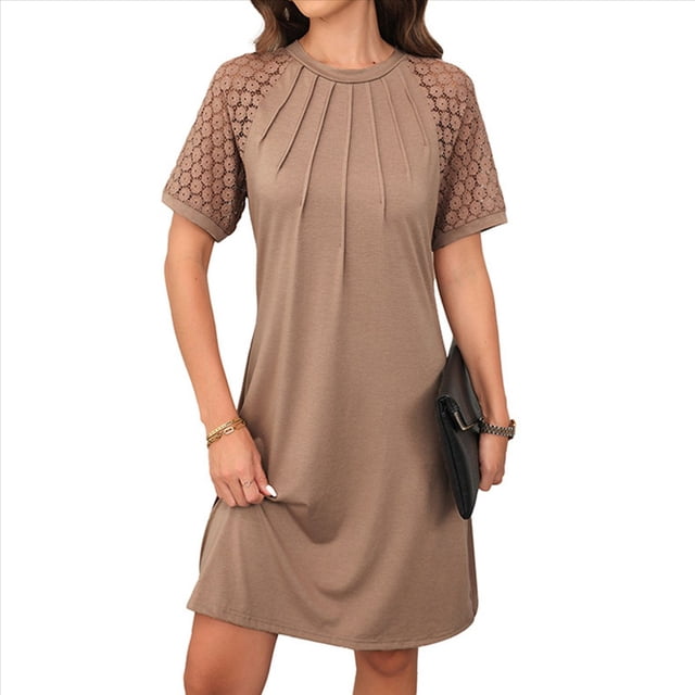 Vestido Camisero de Verano para Mujer, de Corta con Encaje, Informal, Cuello Redondo, Plisado, Color Caqui, Talla L