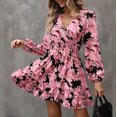 thumbnail image 3 of MORTTIC - Women's Floral Print Lantern Sleeve Dress - A-Line V-Neck Ruched Waist Midi Dress, Loose Fit Casual & Formal Dress with Gathered Detail, 3 of 6