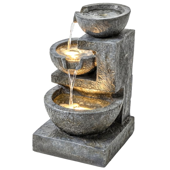 3-Tier Outdoor Water Fountain, Grey Resin Garden Waterfall with Adjustable Pump and LED Lights, Freestanding Water Feature for Patio, Backyard, Garden and Indoor Decor, 24" H