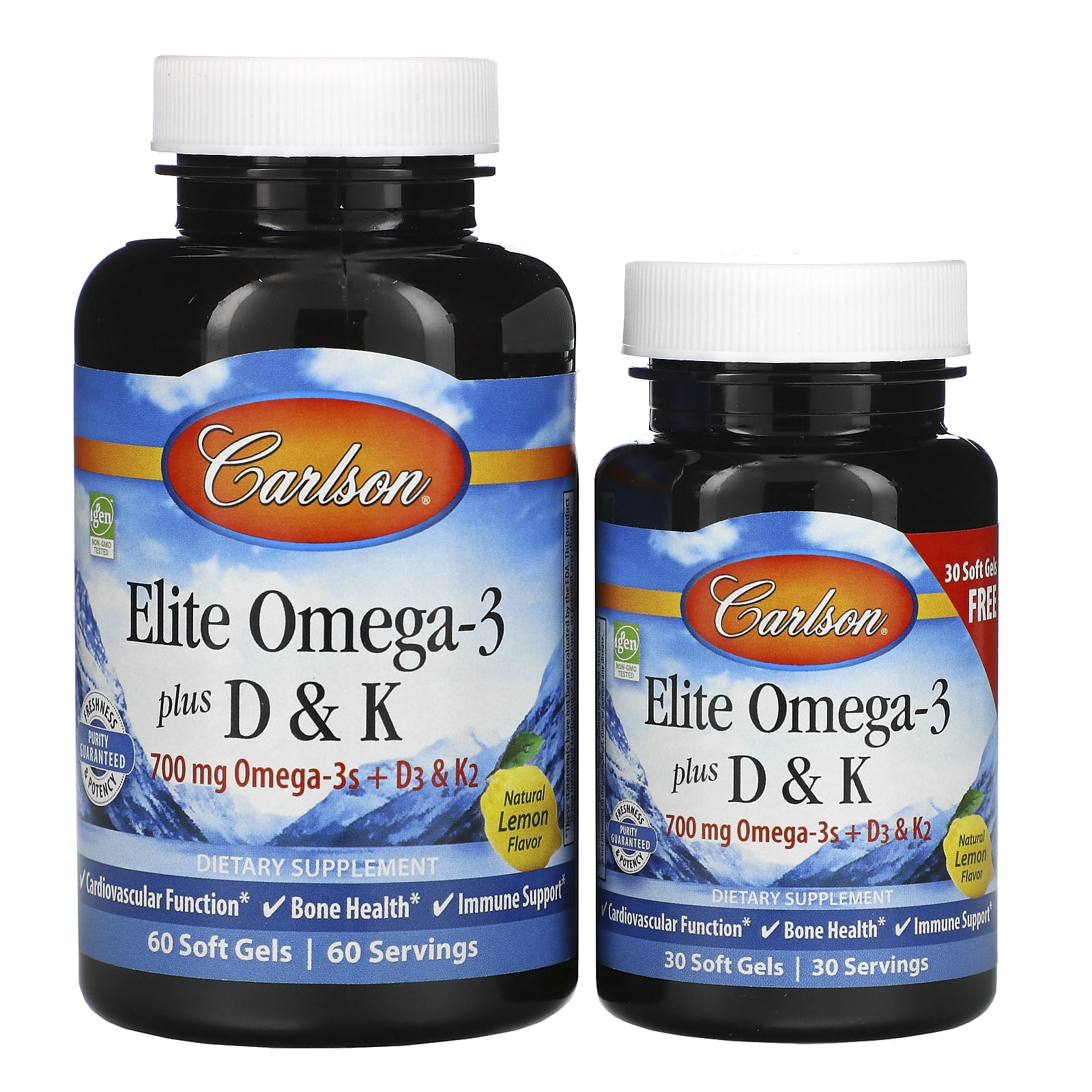 Carlson Labs Elite Omega-3 Plus D \u0026 K, Natural Lemon Flavor, 60 + 30 Free  Soft Gels - Walmart.com