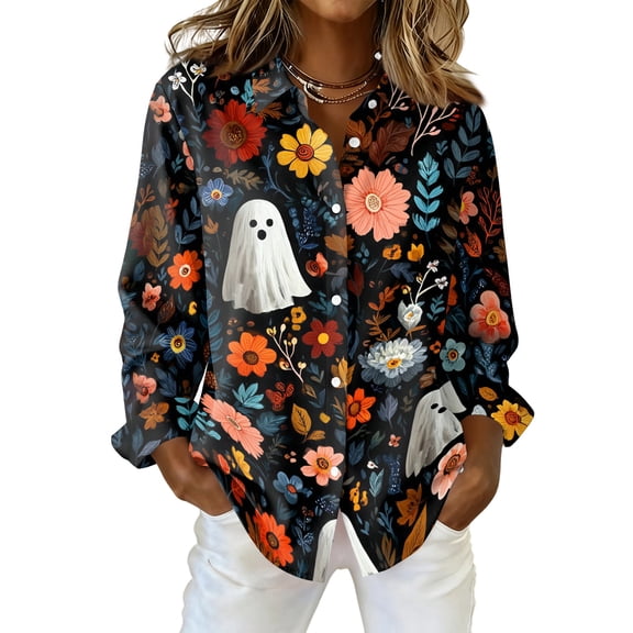 Delconic Womens Halloween Print Button Down Shirt Long Sleeve Casual Regular Fit Collared Blouse Floral Ghost Pattern Top Black L