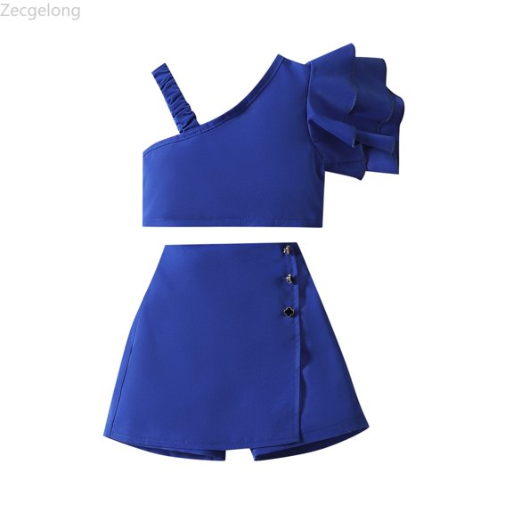 Zecgelong Toddler Girls One Shoulder Tops And Skirt Solid Color Two Piece Outfit Set Casual Summer Clothes Girls Off Shoulder Top for Girls 2-3 Years