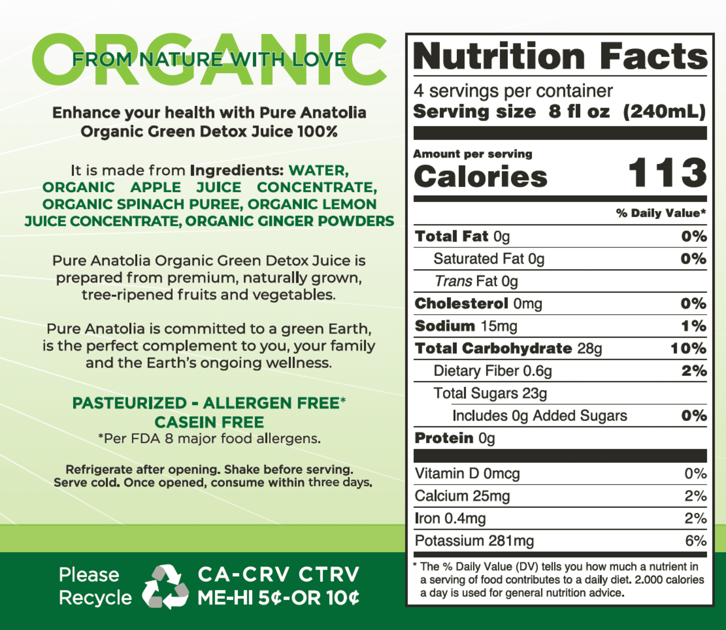 Pure Anatolia Organic Green Detox Juice Spinach, Apple, Ginger, Lemon , 32 Fl Oz Glass Bottle