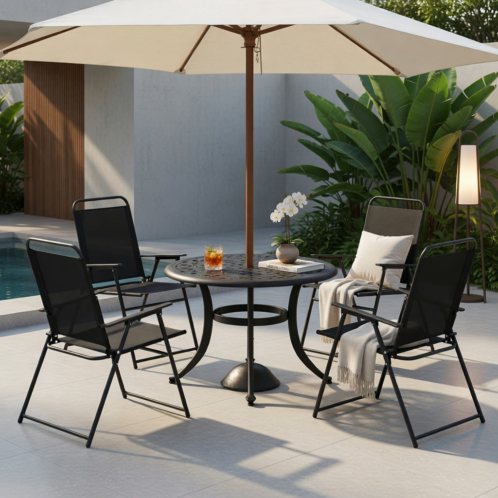 Hommoo 4-Piece Outdoor Folding Sling Chairs Set, Heavy-Duty Steel Frame, Ergonomic Armrests & Quick-Dry Fabric, Black